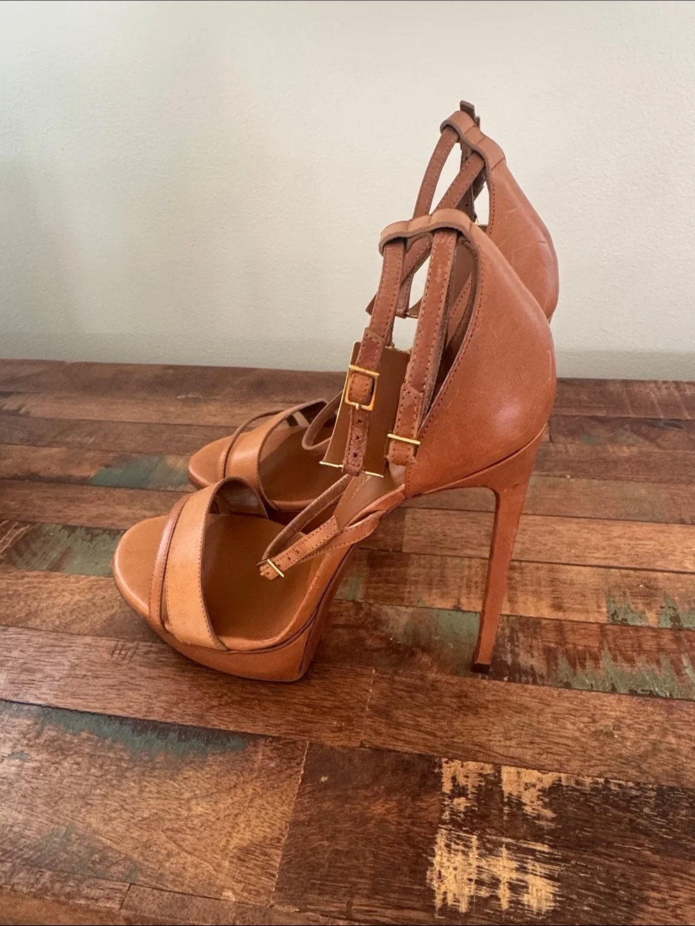 Saint Laurent Tan Leather Ankle-Strap Heels - Picture 5 of 8